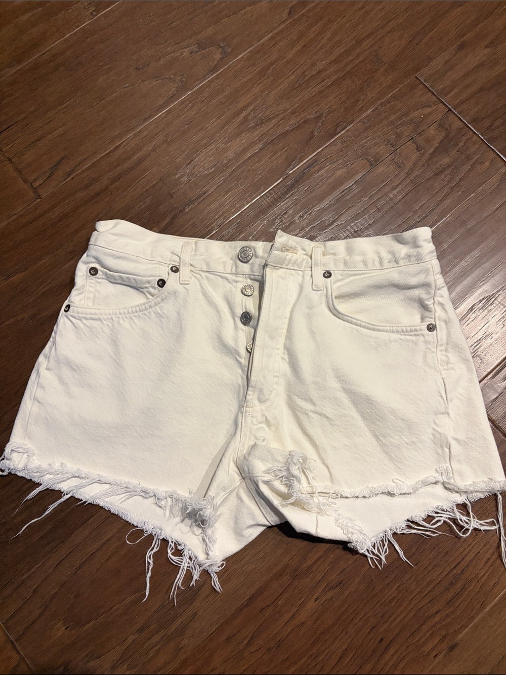 Agolde White Distressed Button-Fly Denim Shorts